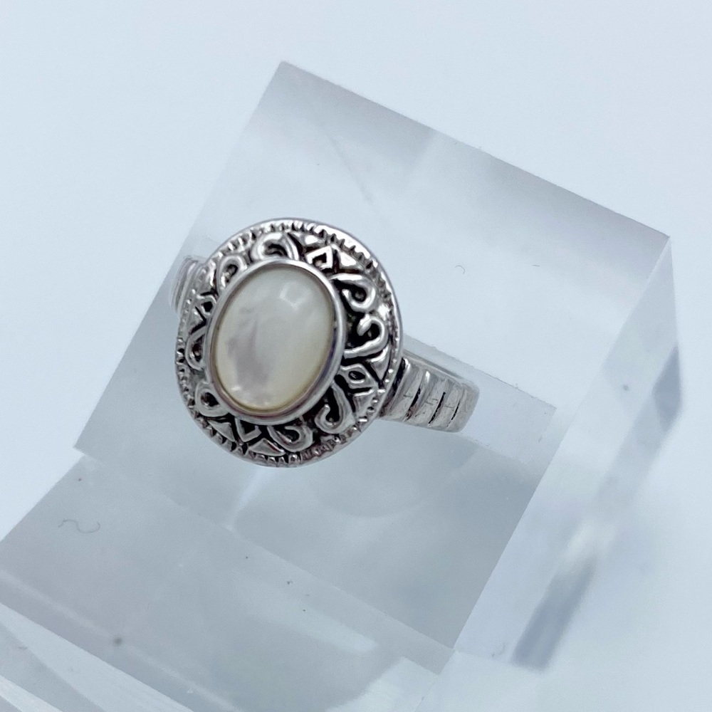 Faux White Opal Ornate Round Rhodium Plated Silver Tone Ring